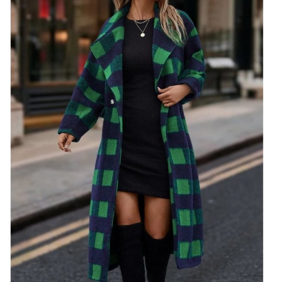 Casual Plaid Double Buttoned Coat Overcoat jacket Green Blue - Picture 6 of 6